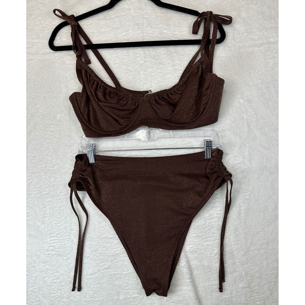 Abercrombie & Fitch Bikini Set Womens Large Brown Shimmer High Waist Tie Straps